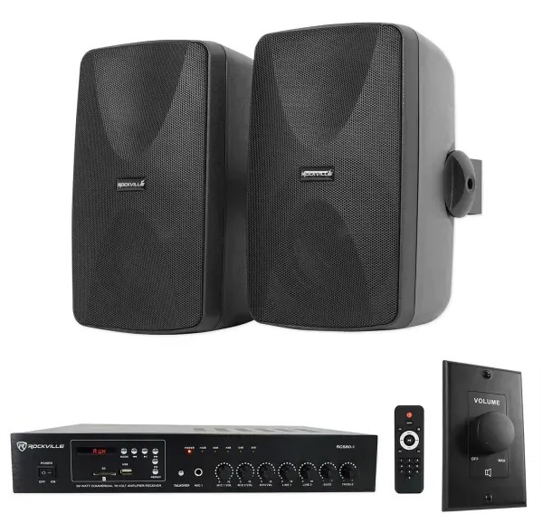 Rockville Commercial Restaurant Amp+2) Black 5.25" Wall Speakers+Wall Controller