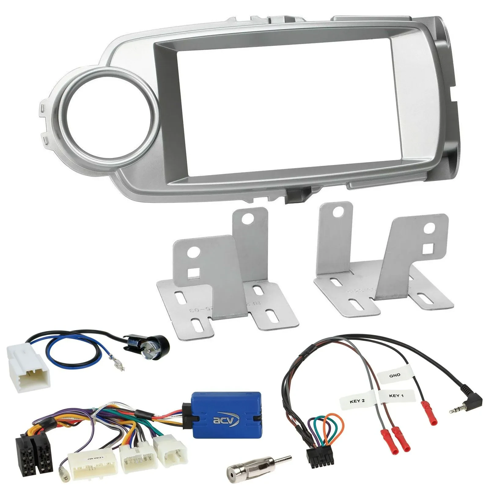 Einbauset Lenkradadapter Doppel DIN Autoradio für Toyota Yaris 2011-2014 silber
