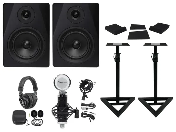 (2) Rockville DPM5B 5.25" 300w Dual Active Studio Monitors+Stands+Headphones+Mic