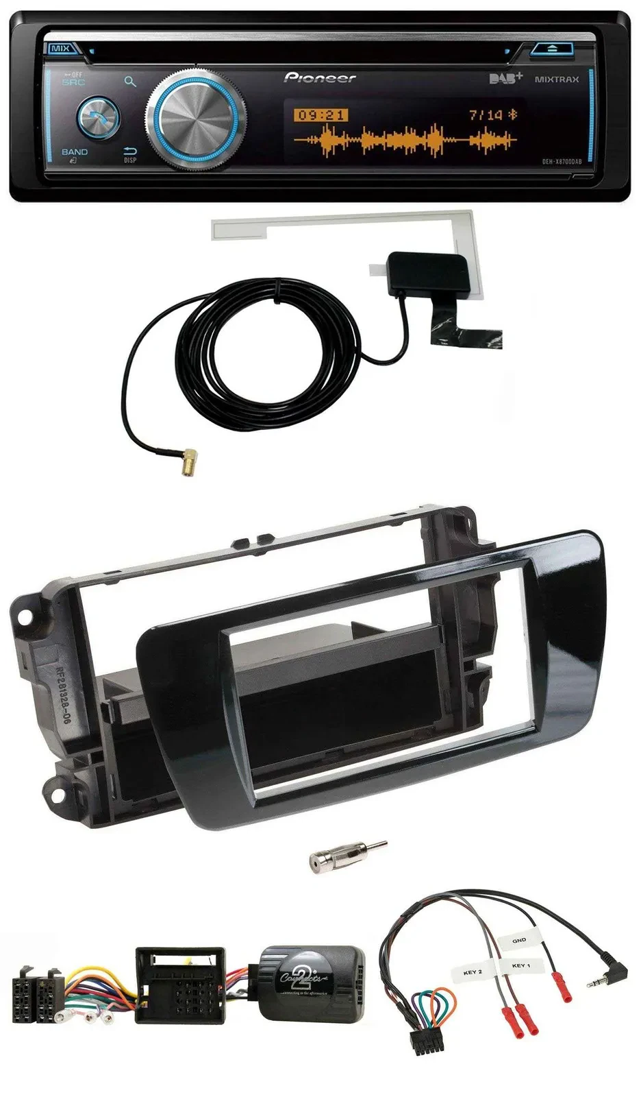 Автомагнитола для Seat Ibiza Pioneer Bluetooth, DAB, USB, CD, поддержка кнопок на руле, черный (рояльный лак)