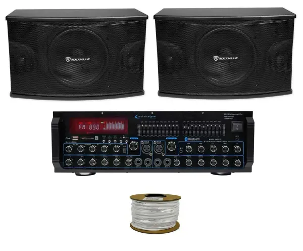 Pair Rockville KPS10 10" 3-Way 1200w Karaoke Speakers+Bluetooth Amplifier Mixer