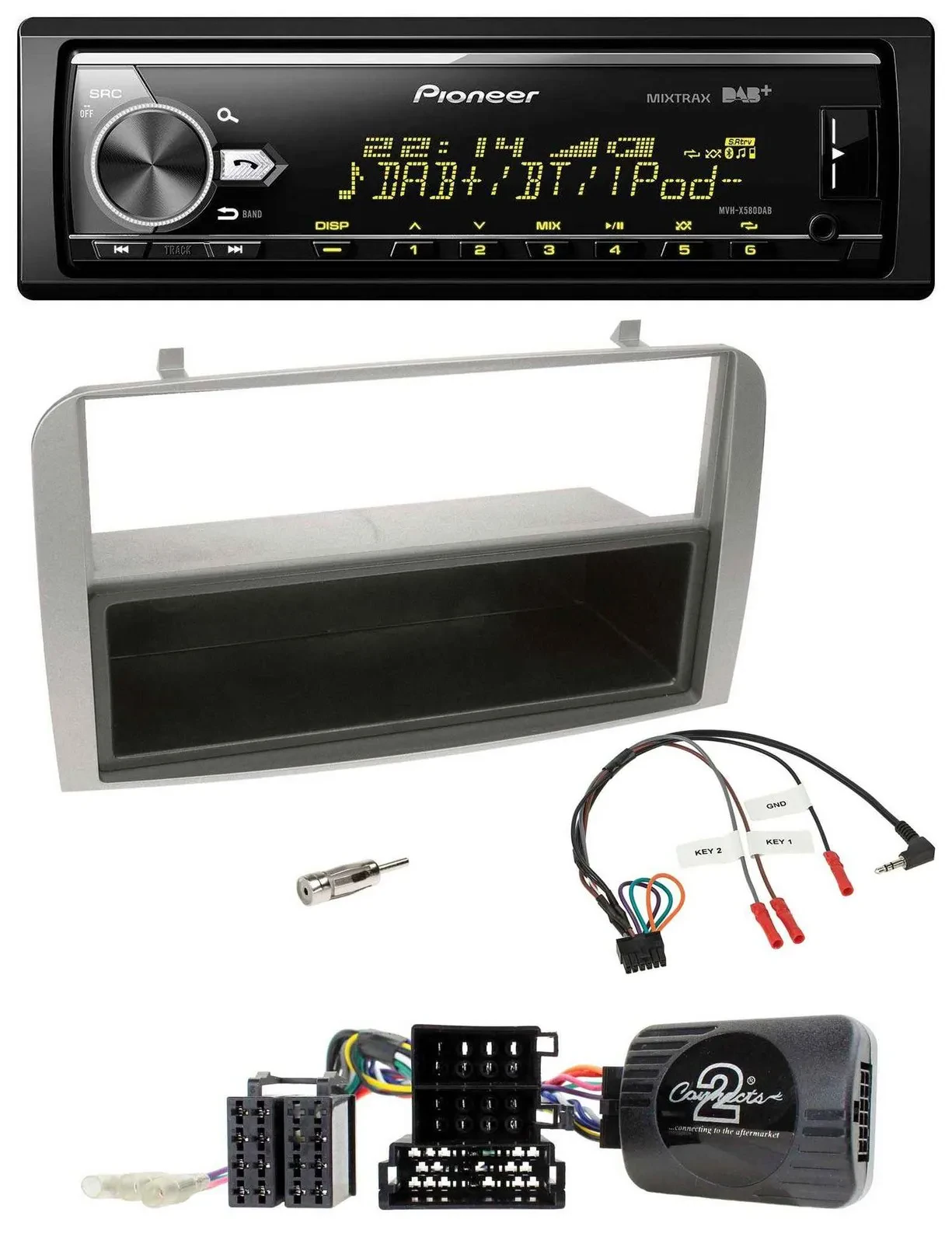 Автомагнитола Pioneer для Alfa Romeo GT/147 2007–2010, Bluetooth, USB, DAB, серебристая, с поддержкой кнопок на руле и карманом