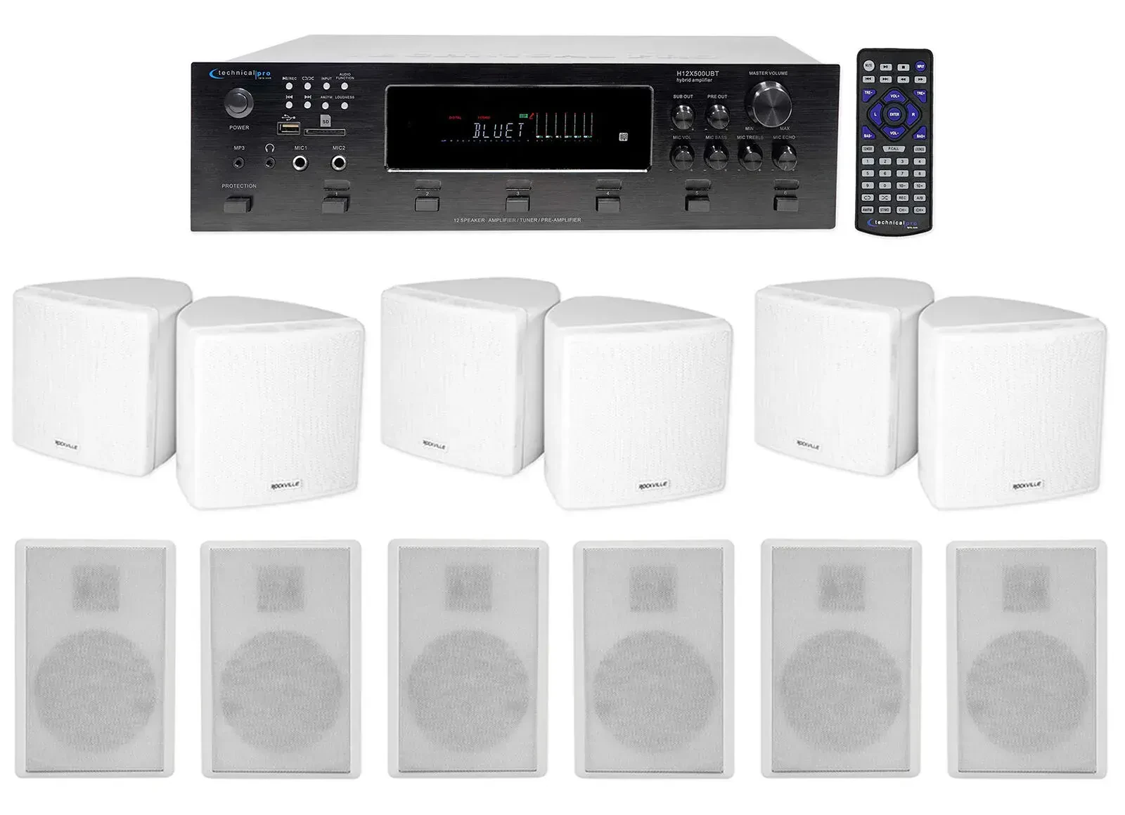 6-Zone Receiver+6) White 3.5" Cube+Slim Wall Speakers For Restaurant/Bar/Cafe