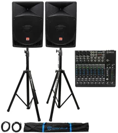 Mackie 1202VLZ4 12-ch Analog Mixer w/4-Preamps+(2) Powered 15" Speakers+Stands