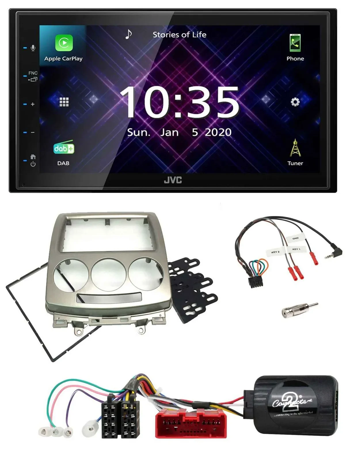 Автомагнитола для Mazda 5 (CR, 2005–2010) JVC 2-DIN, DAB, Bluetooth, USB, серебристая, поддержка управления с руля