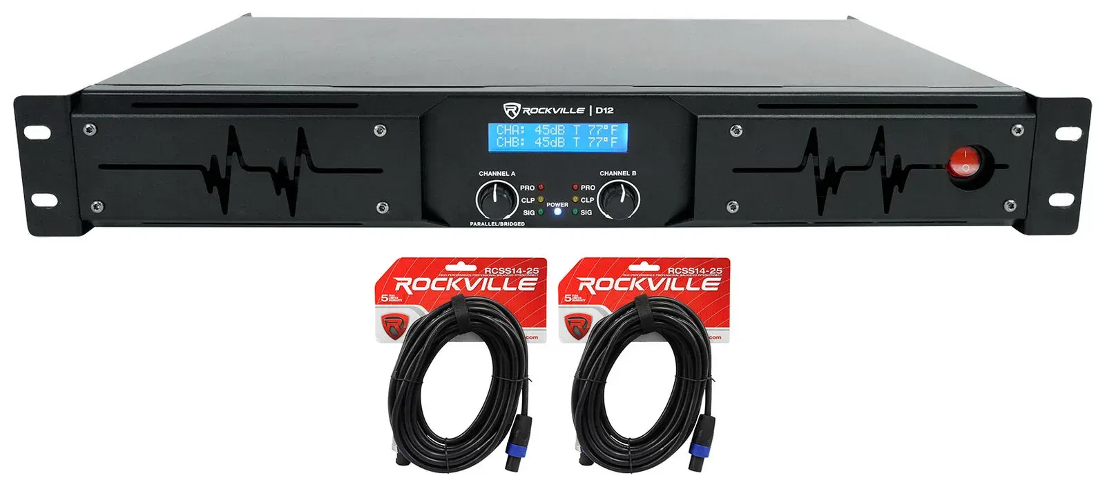Усилитель мощности Rockville D12 Black 5000W с аксессуарами