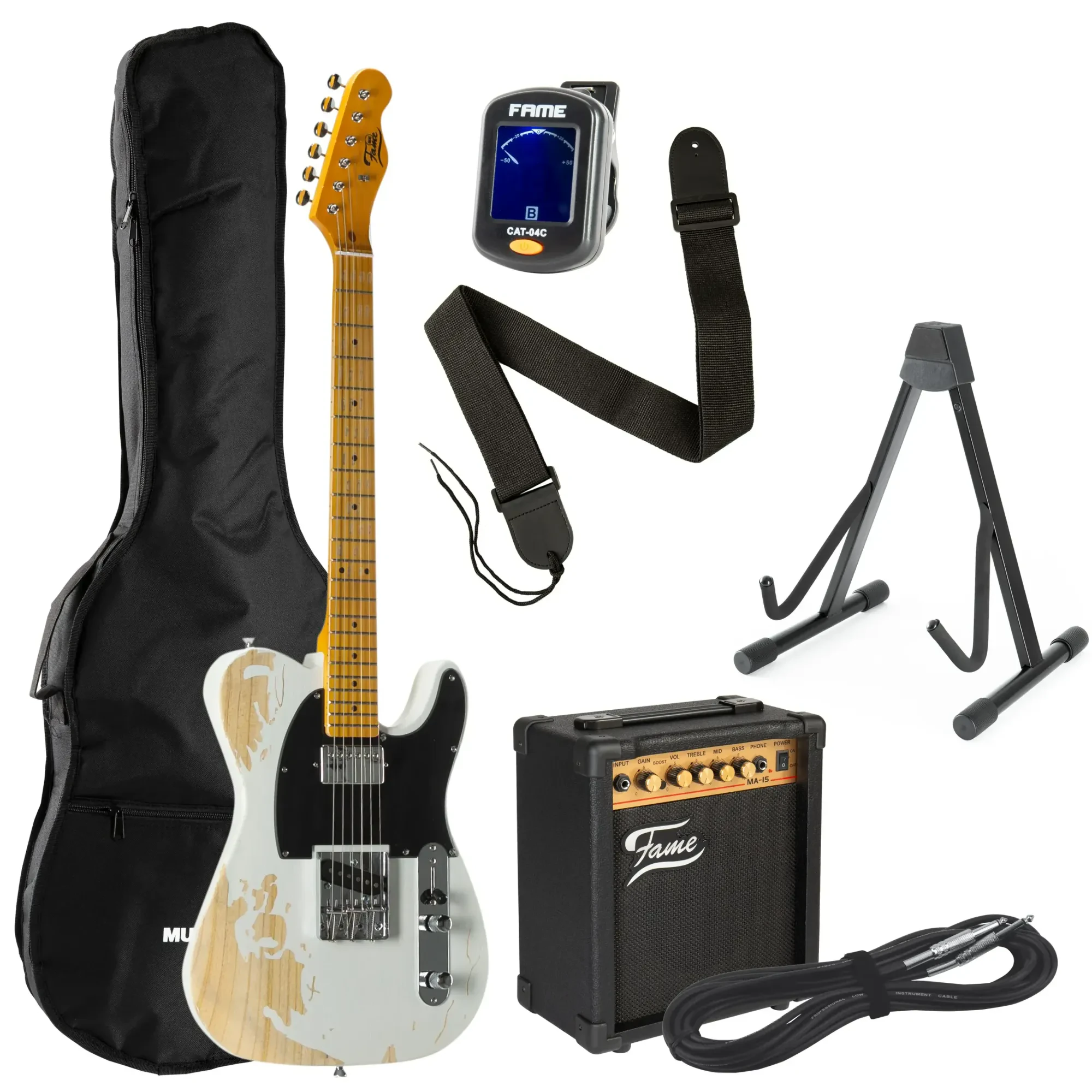 Электрогитара Fame Audio TL Worn Out SH White (набор) с усилителем MA-15, 6-струнная, гриф клён, белый