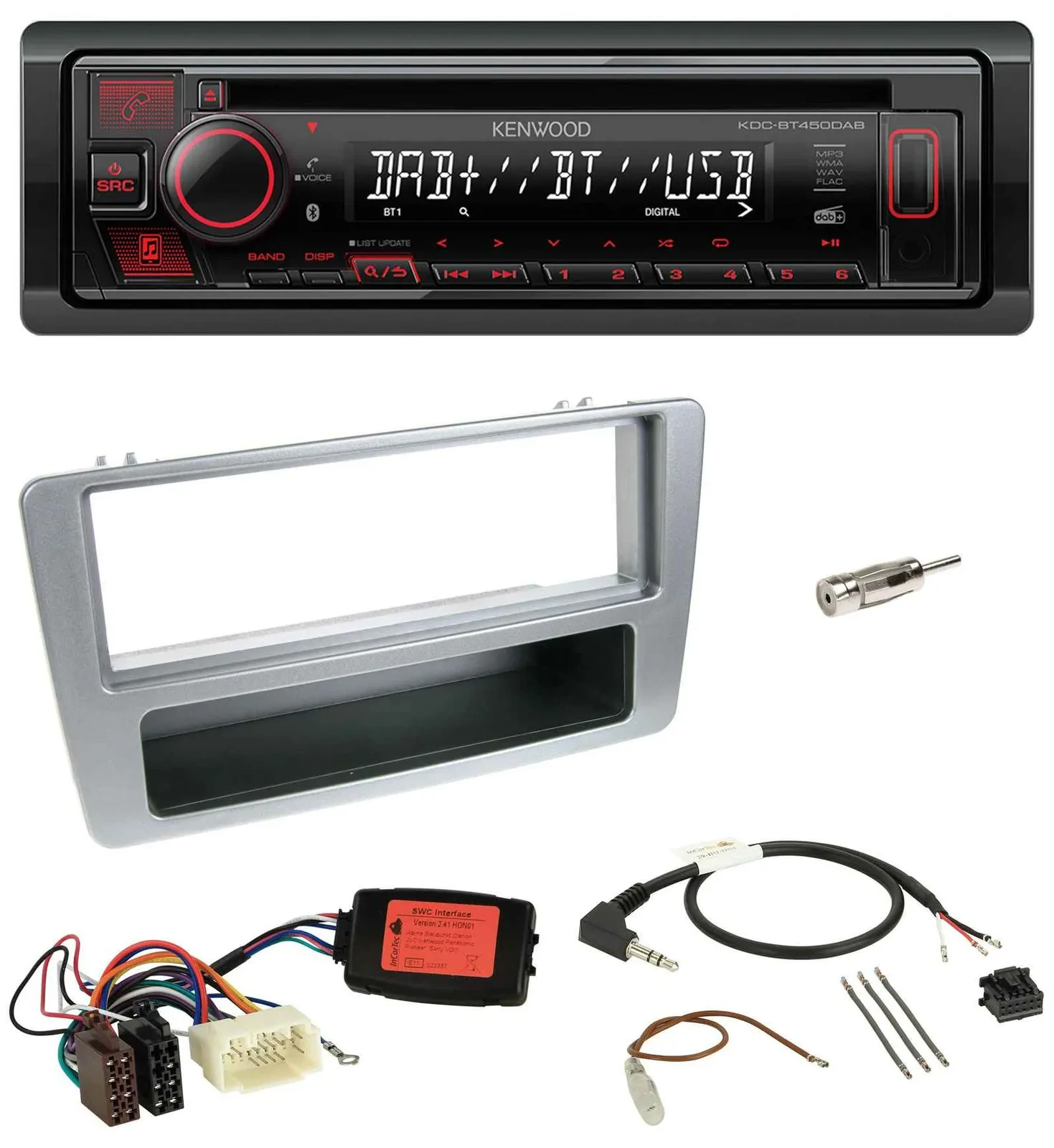 Автомагнитола Kenwood CD, USB, Bluetooth, DAB для Honda Civic 2001–2003, серебристый