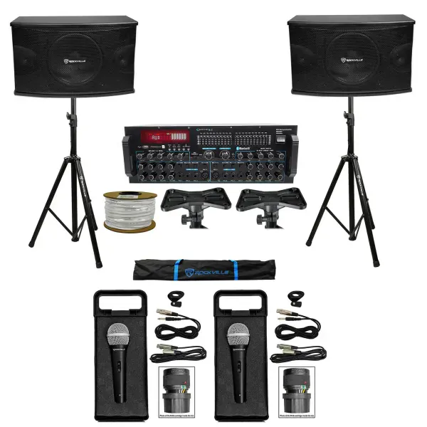 Rockville Karaoke Machine System w/ Pair 10" Speakers+Bluetooth Mixer Amp+Mics