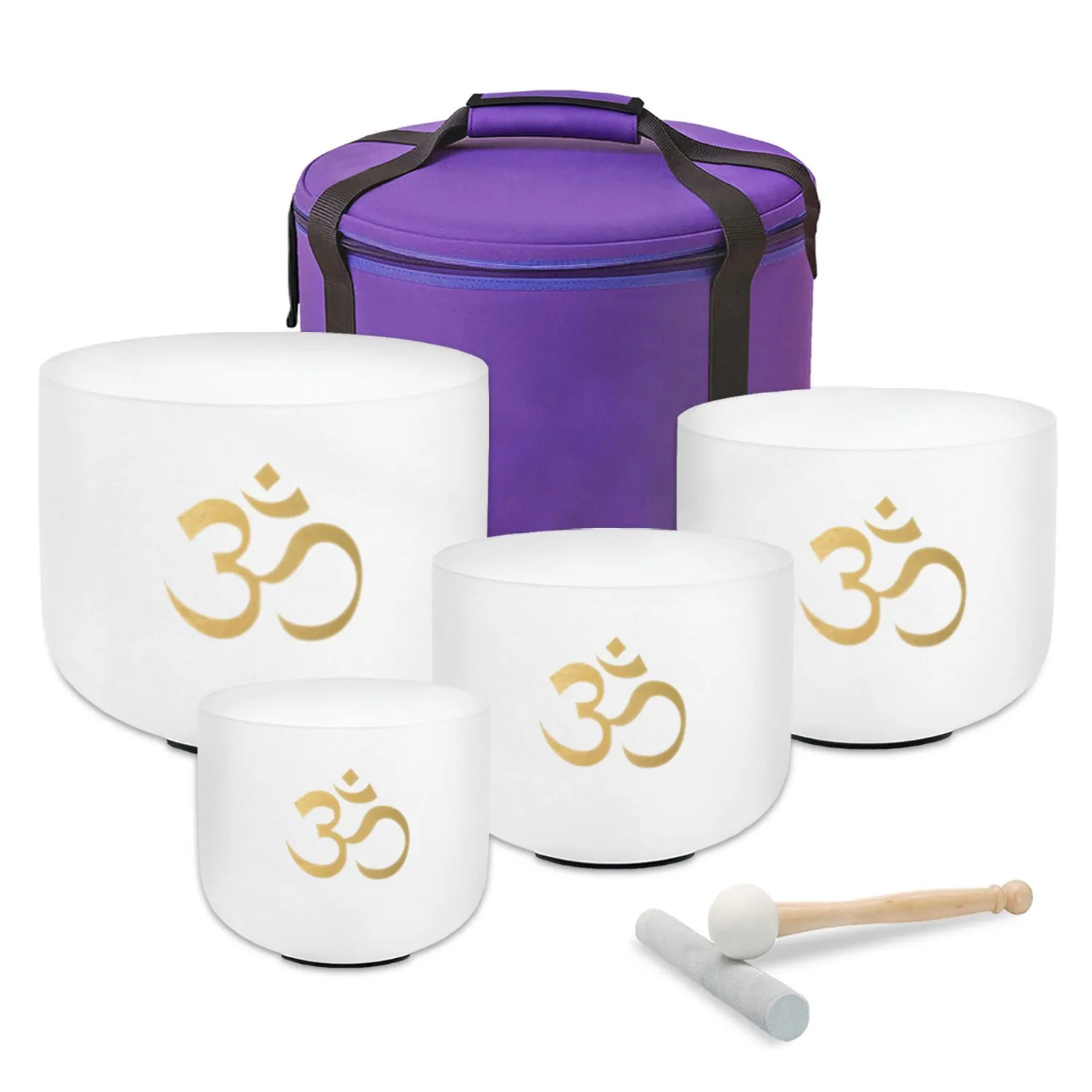 keepdrum Quarz Klangschalen-Set OM Pro Weiss 4-Chakren Set mit Zubehör