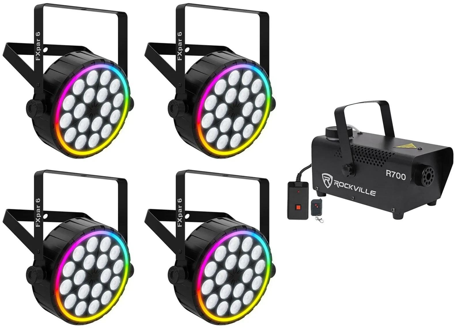 (4) Chauvet DJ FXPAR 6 RGBW LED DMX Wash Par Effect Up-Lights+Fog Machine