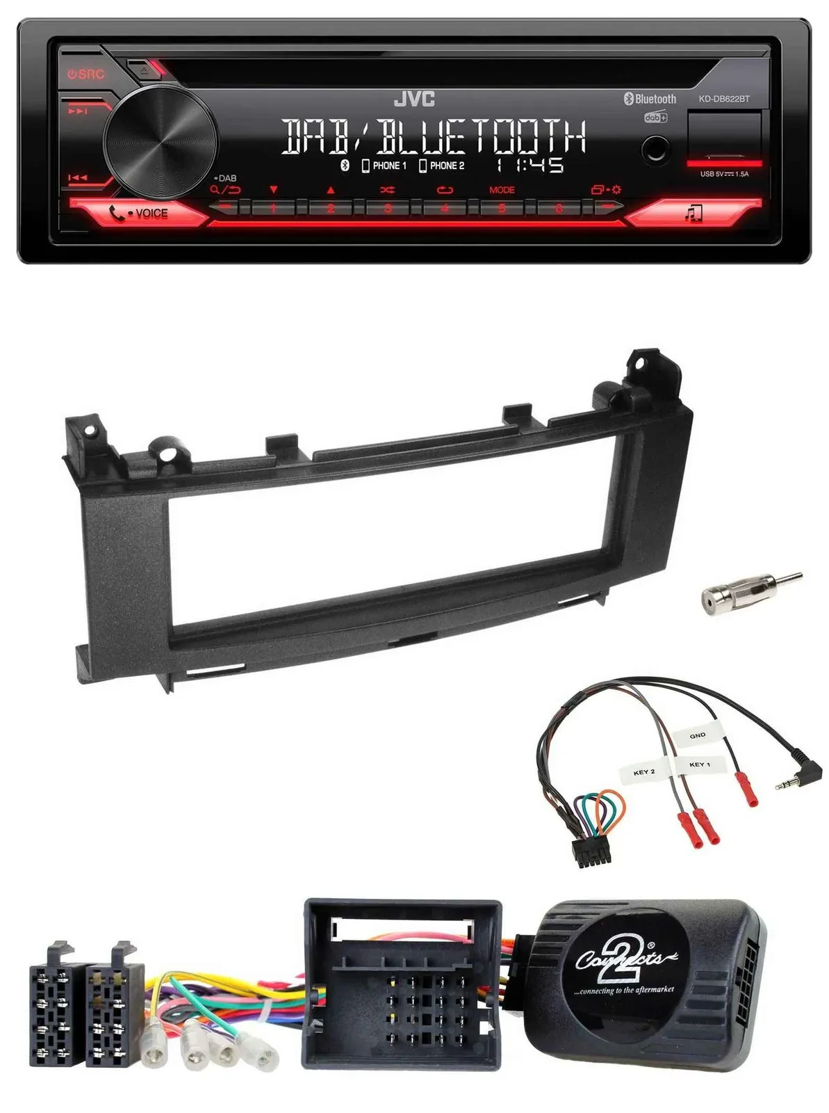 Автомагнитола JVC CD DAB USB Bluetooth для Mercedes A‑Class (2005–2012), B‑Class, поддержка управления с руля