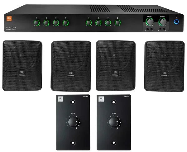 JBL CSMA280 Commercial Amplifier+(4) 6.5" Black Wall Speakers+(2) Wall Controls
