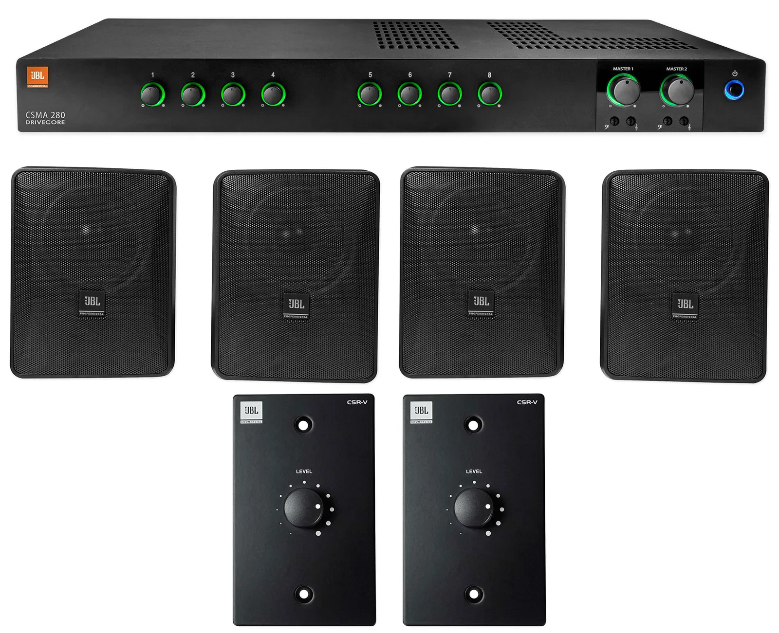 JBL CSMA280 Commercial Amplifier+(4) 6.5" Black Wall Speakers+(2) Wall Controls