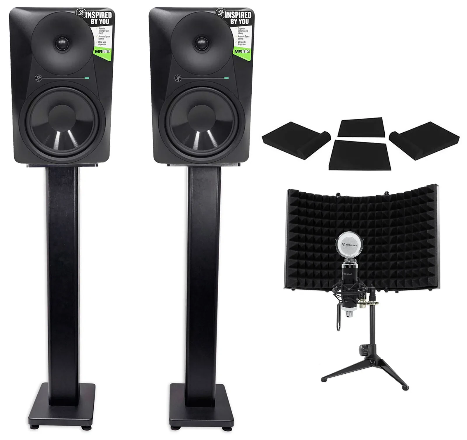Активные студийные мониторы Mackie MR824 8" 85W (набор, пара) с конденсерным микрофоном, стойками, изоляционными пэдами и отражающим экраном