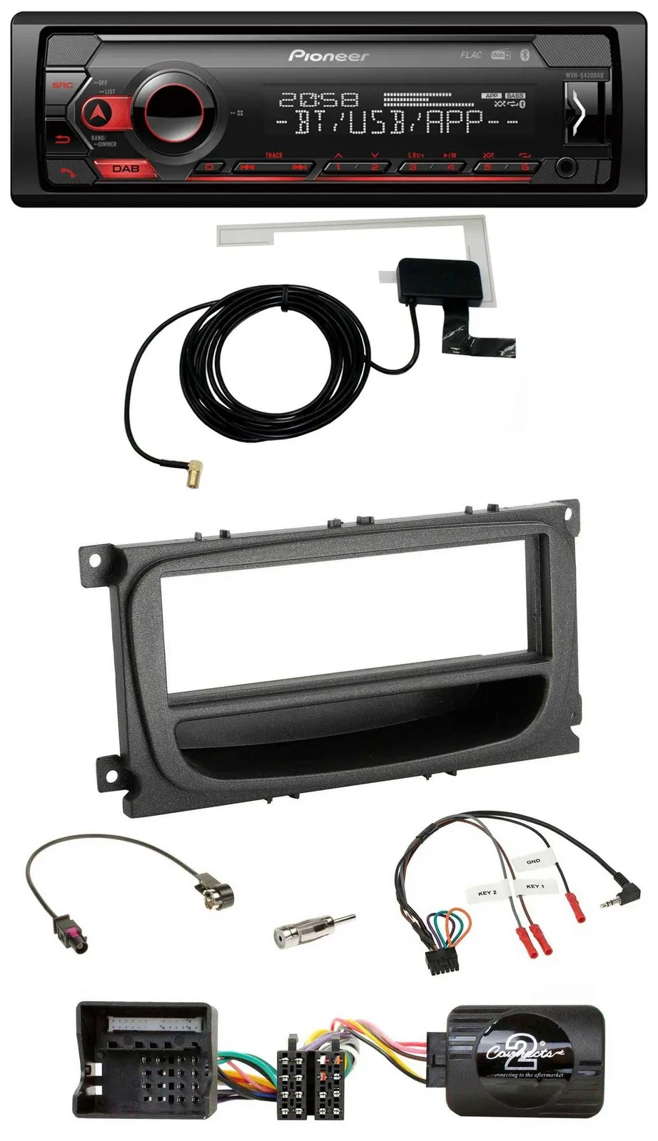 Автомагнитола Pioneer DAB, USB, Bluetooth, поддержка кнопок на руле для Ford Mondeo/S-Max (2007–2014), черный
