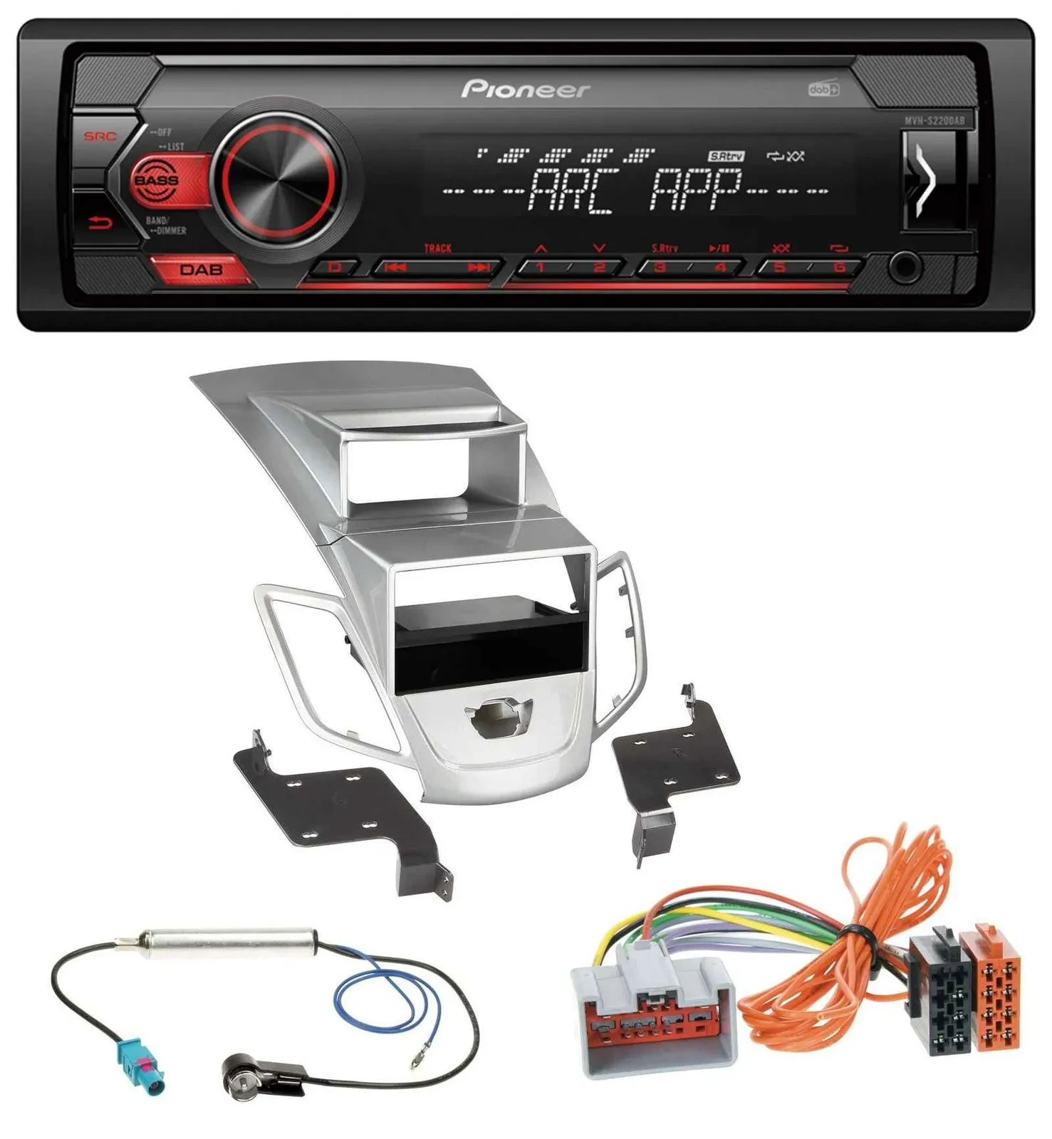 Автомагнитола Pioneer DAB 1-DIN MP3 AUX USB для Ford Fiesta (2008–2010), серебристая