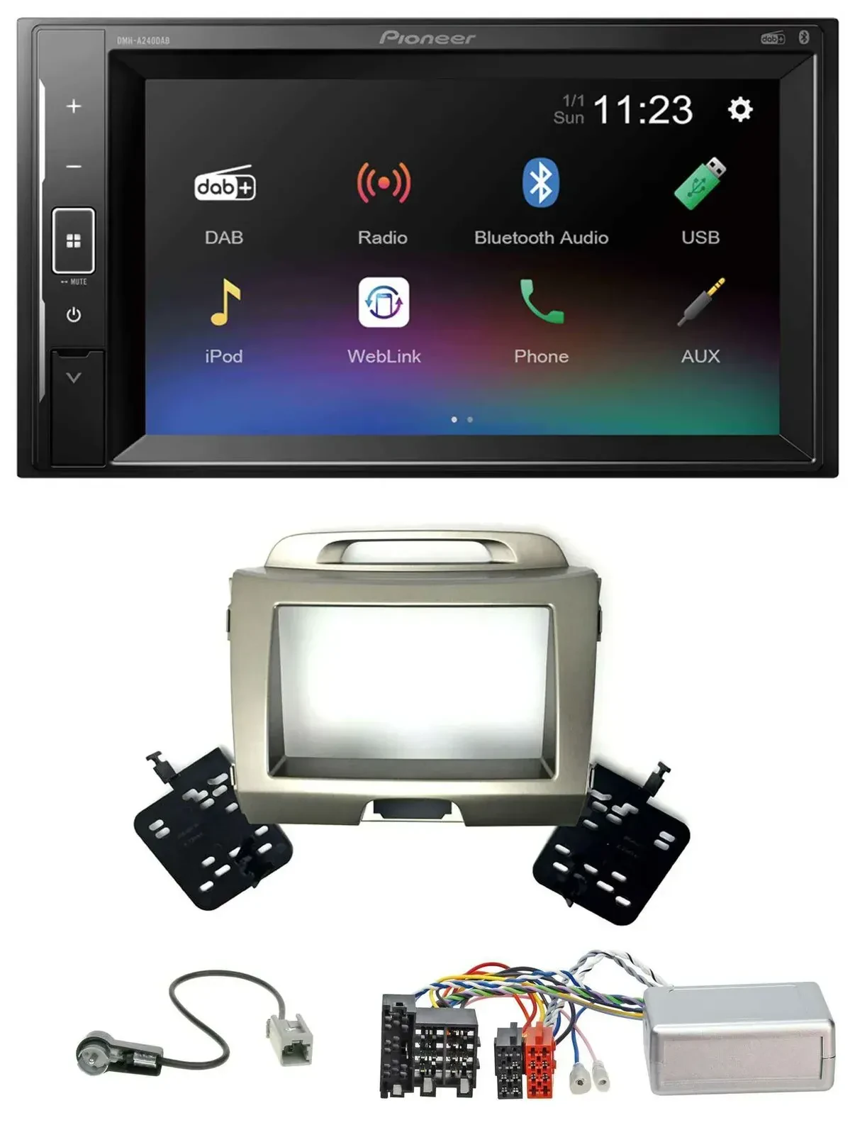 Автомагнитола для Kia Sportage 3 2010–2015 Pioneer 2DIN DAB, Bluetooth, USB, поддержка кнопок на руле