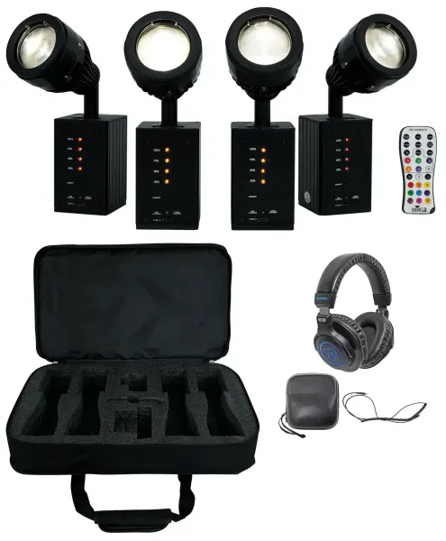 Chauvet DJ Ezpin Zoom Pack 4) Rechargeable Pin Spot Lights+Remote+Bag+Headphones