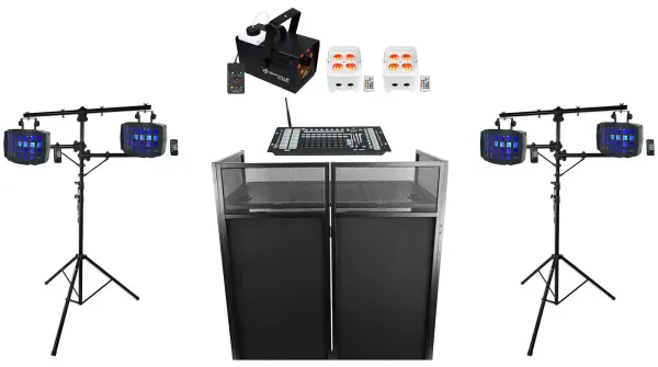 Rockville DJ Kit w/(4) Wireless DMX Derby Lights+Stands+Facade+Controller+Fogger