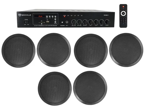 Rockville Commercial Amplifier+(6) 8" 2-Way Black Ceiling Speakers 4 Restaurant