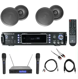 Karaoke Bluetooth Amp/Mixer + (4) 8" Black Ceiling Speakers + Wireless Mics