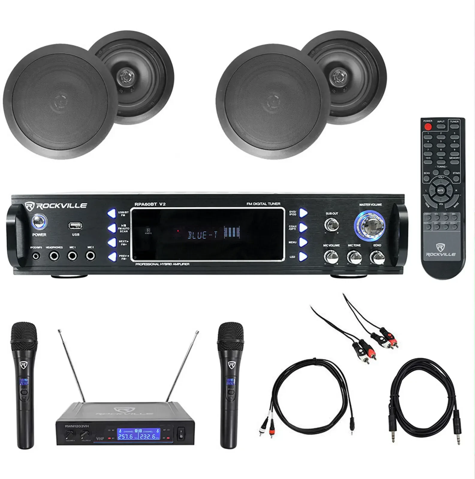 Караоке-система Rockville RPA60BT+(4) HC85 Black KAR 2 Bluetooth, микшер-усилитель + 4×8" потолочные колонки, черный, радиомикрофоны (набор)