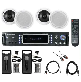 Rockville Karaoke Bluetooth Amp/Mixer + (4) 8" Ceiling Speakers + Wireless Mics