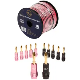 HA 16 AWG Speaker Wire Cable (100' Spool) + Connector Banana Plugs, 6 Pairs