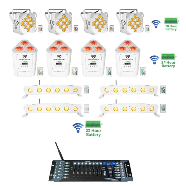 (4) Rockville BEST PAR+STRIP+WEDGE White Wireless DMX Battery Lights+Controller