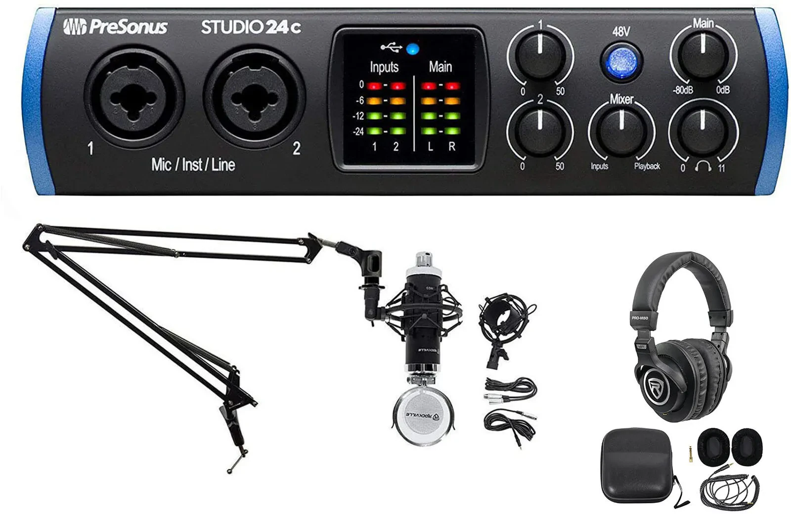 Комплект для подкастов PreSonus STUDIO 24C BROAD 1 с аудиоинтерфейсом Studio 24c и кронштейном (boom)