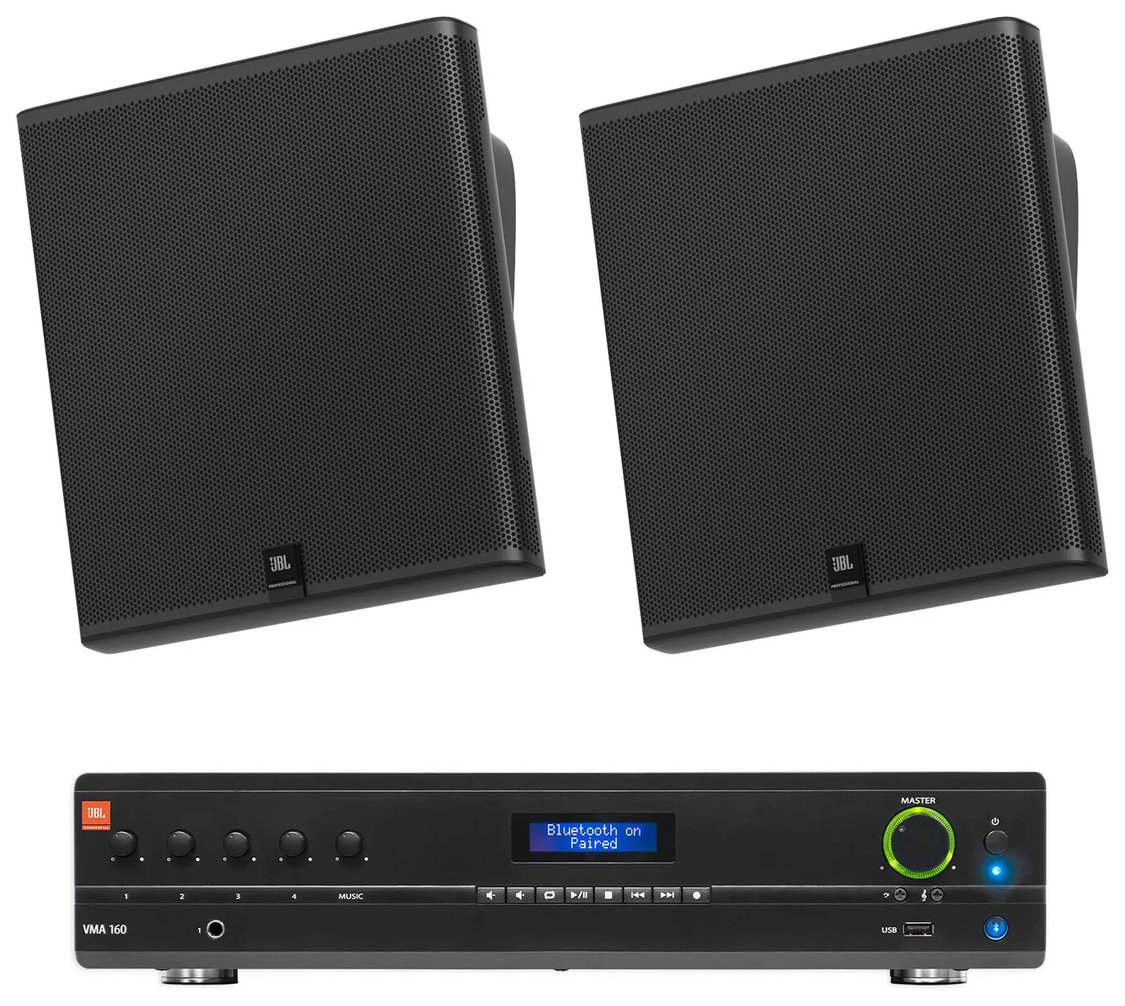 2) JBL SLP14/T-BK Sleek Low-Profile On Wall Mount 4" 70v Commercial Speakers+Amp