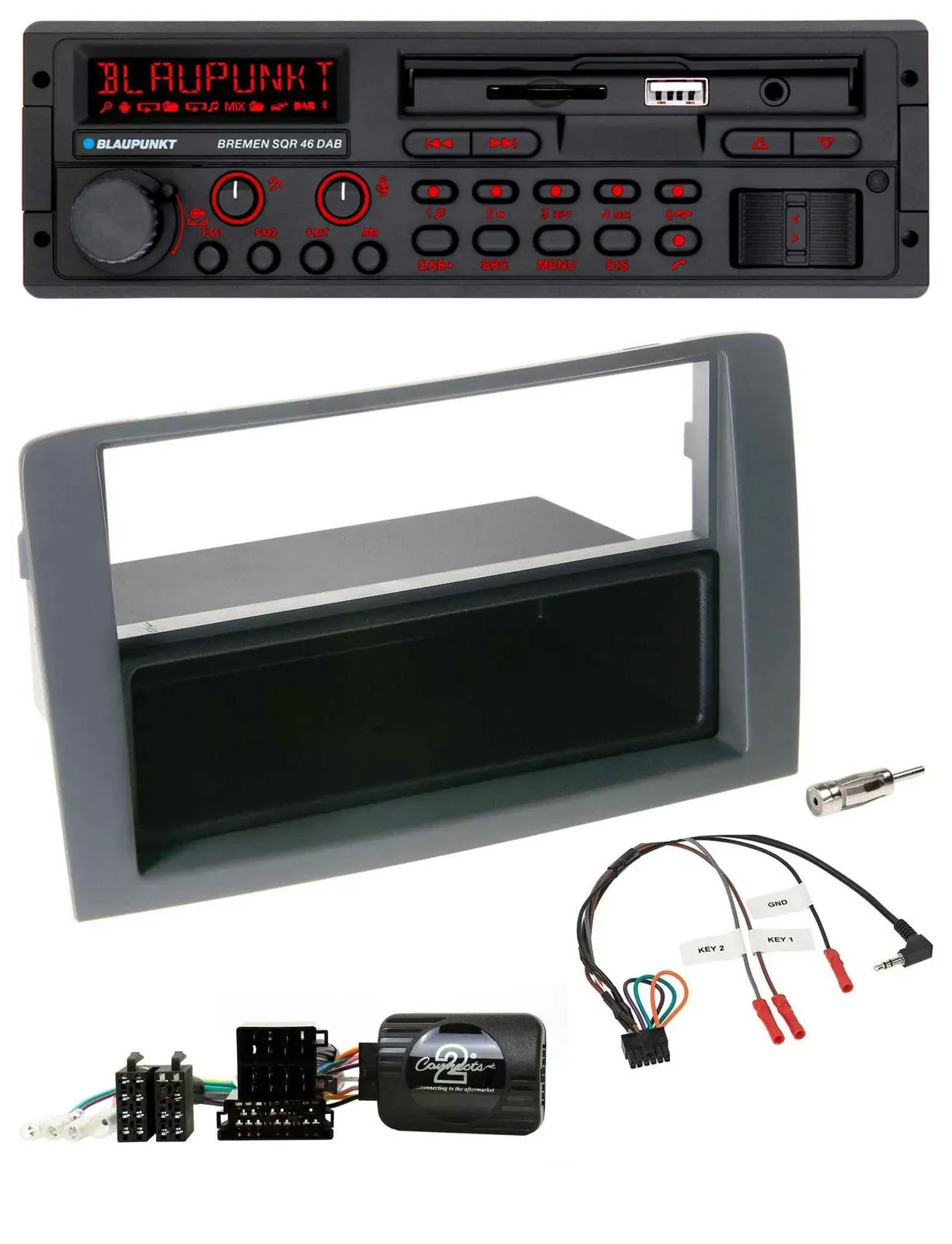 Автомагнитола Blaupunkt USB, Bluetooth, DAB, SD, поддержка кнопок на руле для Fiat Idea 2006–2011 серый