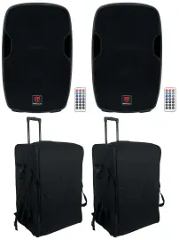 2) Rockville BPA15 15" Powered Bluetooth 800w DJ PA Speakers+Rolling Travel Bags