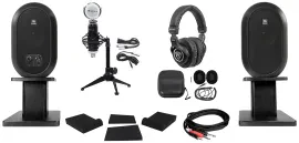 (2) JBL 104 Powered Studio Monitors w/Bluetooth+Stands+Headphones+Mic 104SET-BT