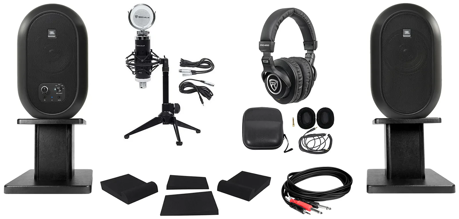 (2) JBL 104 Powered Studio Monitors w/Bluetooth+Stands+Headphones+Mic 104SET-BT