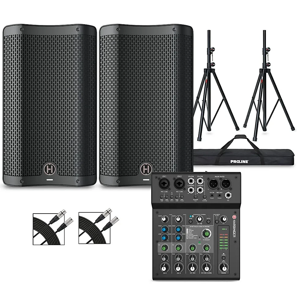 Harbinger VARI 2410 10" Powered Speakers Package w/LX8 Mixer, Stands and Cables