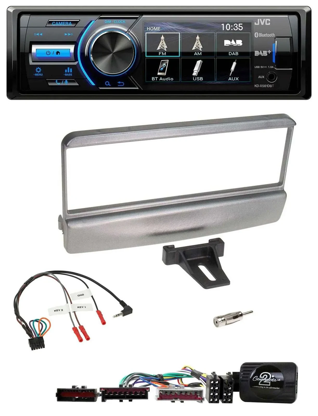 Автомагнитола для Ford Mondeo (2000–2002) JVC Bluetooth, USB, DAB, серебристая, поддержка кнопок на руле