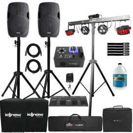 DJ Gig Pack 12" PA Active Speakers w Stands GigBar2 Lighting System, Fog Machine