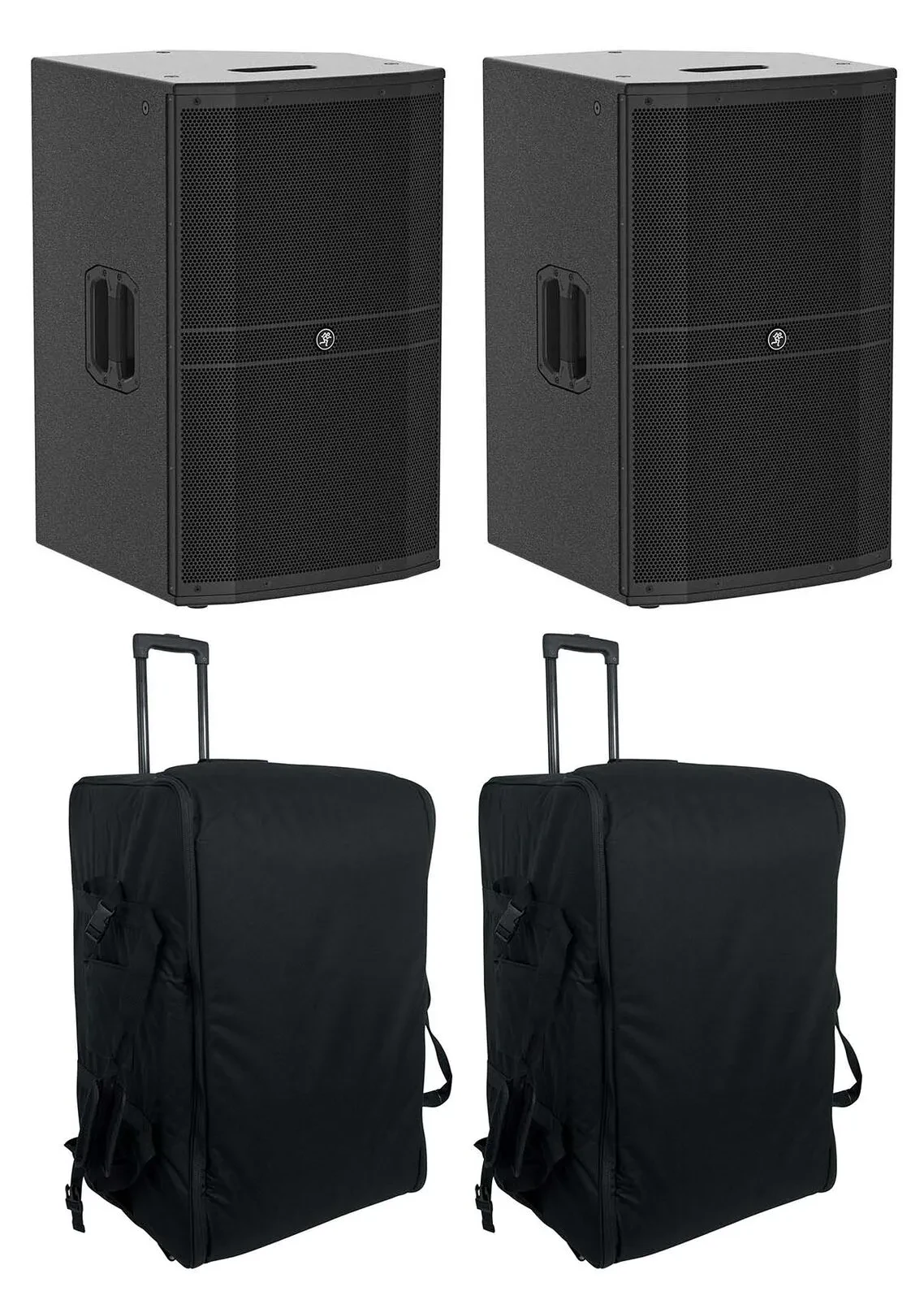 2) Mackie DRM215-P 15" 1600w Pro Passive DJ PA Speakers+Rolling Carry Cases Bags