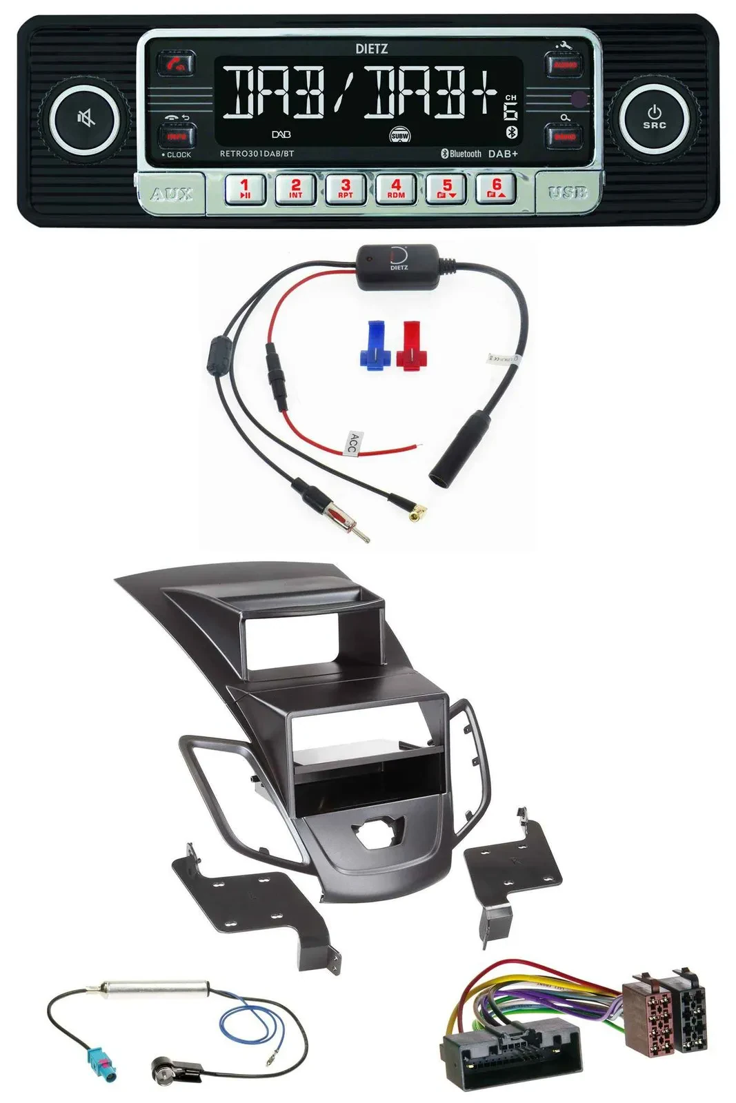 Dietz MP3 DAB Bluetooth USB Autoradio für Ford Fiesta 10-17 Display schwarz