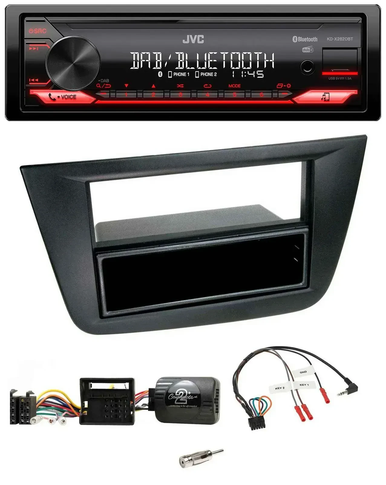 Автомагнитола JVC Bluetooth, USB, DAB, совместима с кнопками на руле, для Seat Altea/Toledo 2004–2009, черная