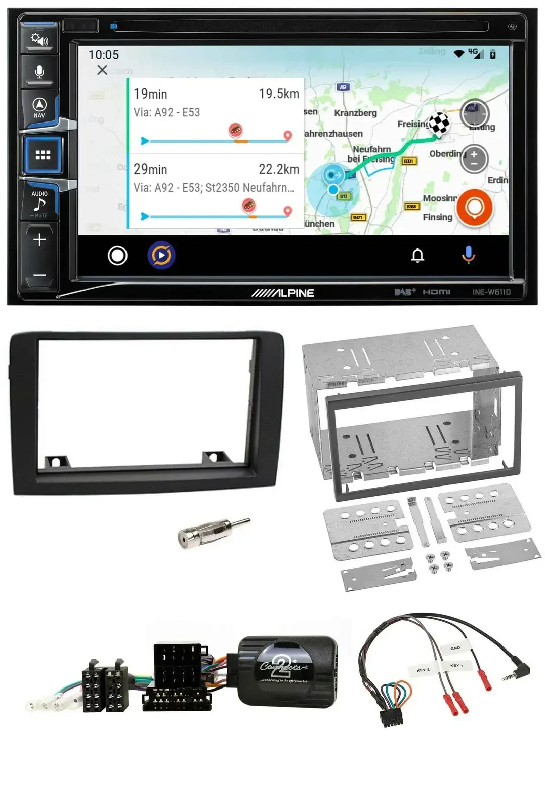 Автомагнитола для Fiat Idea (2006–2012) Alpine 2 DIN, навигация, Bluetooth, USB, DAB, поддержка кнопок на руле, черный
