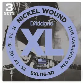 Струны для электрогитары D'Addario EXL116 XL Nickel Wound Set 11-52 (3 комплекта)