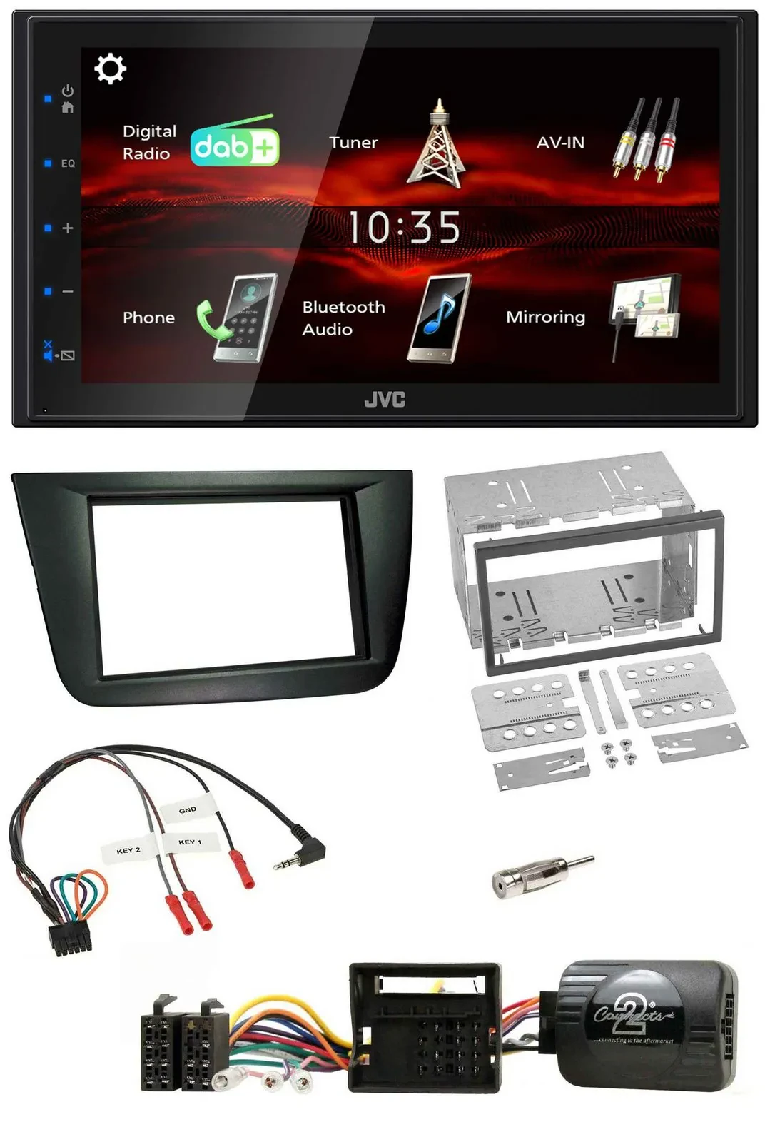 Автомагнитола JVC 2 DIN, USB, Bluetooth, DAB, черный, для Seat Altea/Toledo