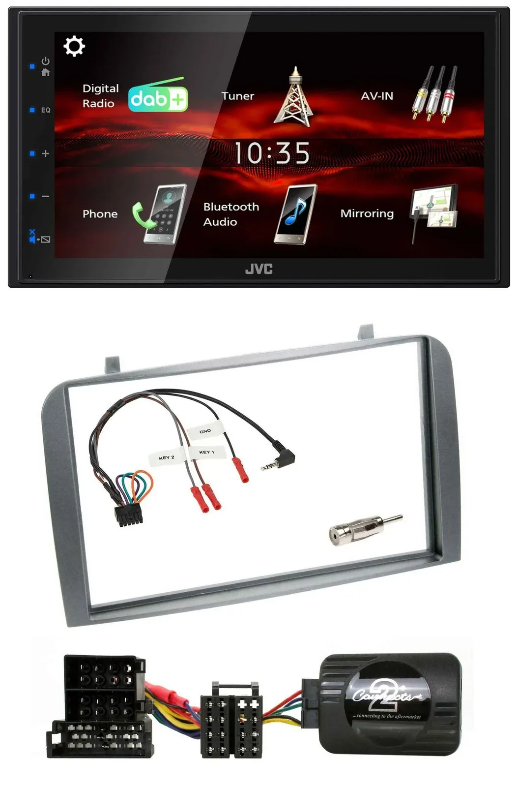 Автомагнитола для Alfa Romeo GT/147 (2000–2008) JVC 2DIN USB, Bluetooth, DAB, поддержка управления с руля, с антенной DAB