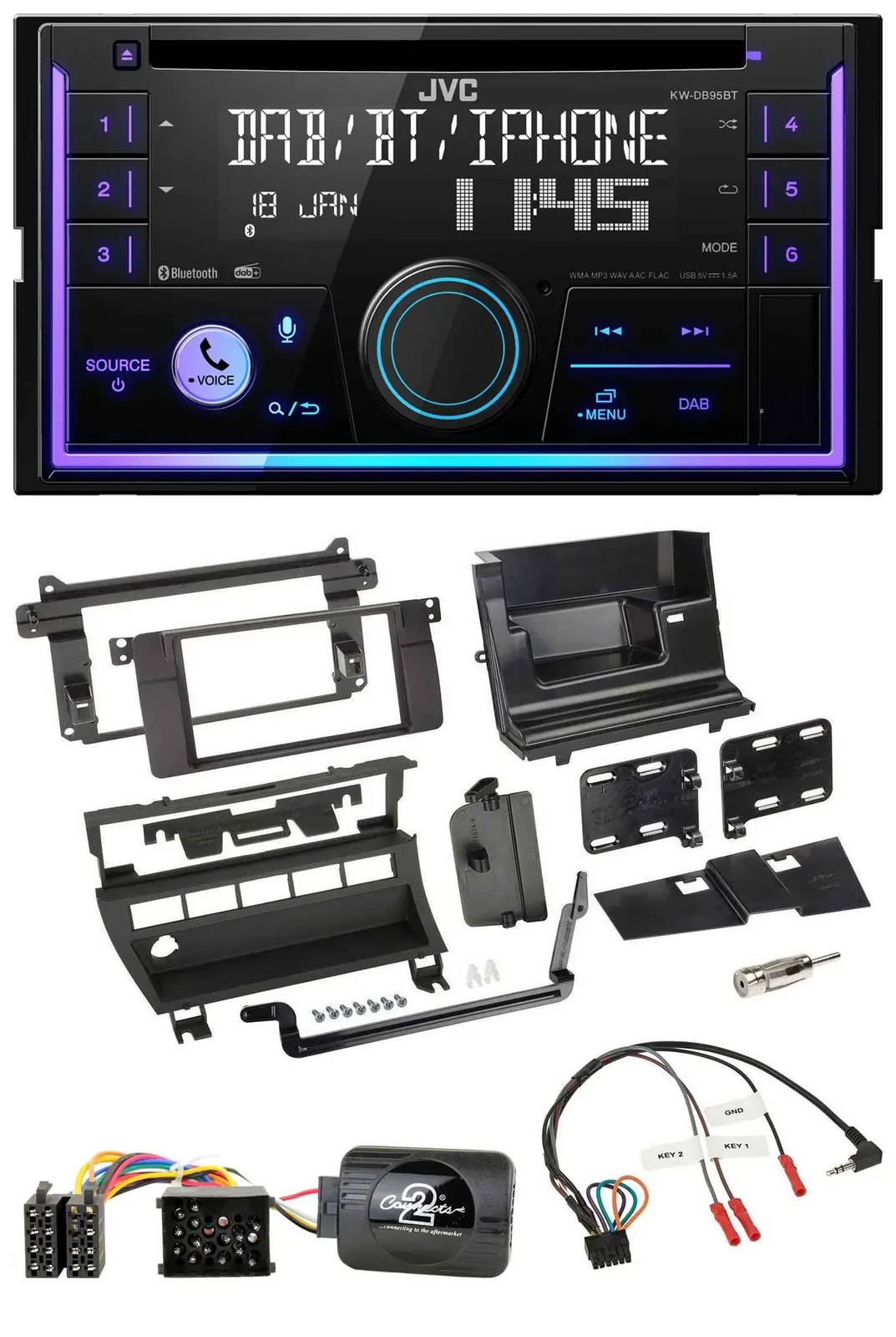 Автомагнитола для BMW 3 Series (1999–2006) JVC 2 DIN, USB, DAB, Bluetooth, CD, управление с руля (5 кнопок)