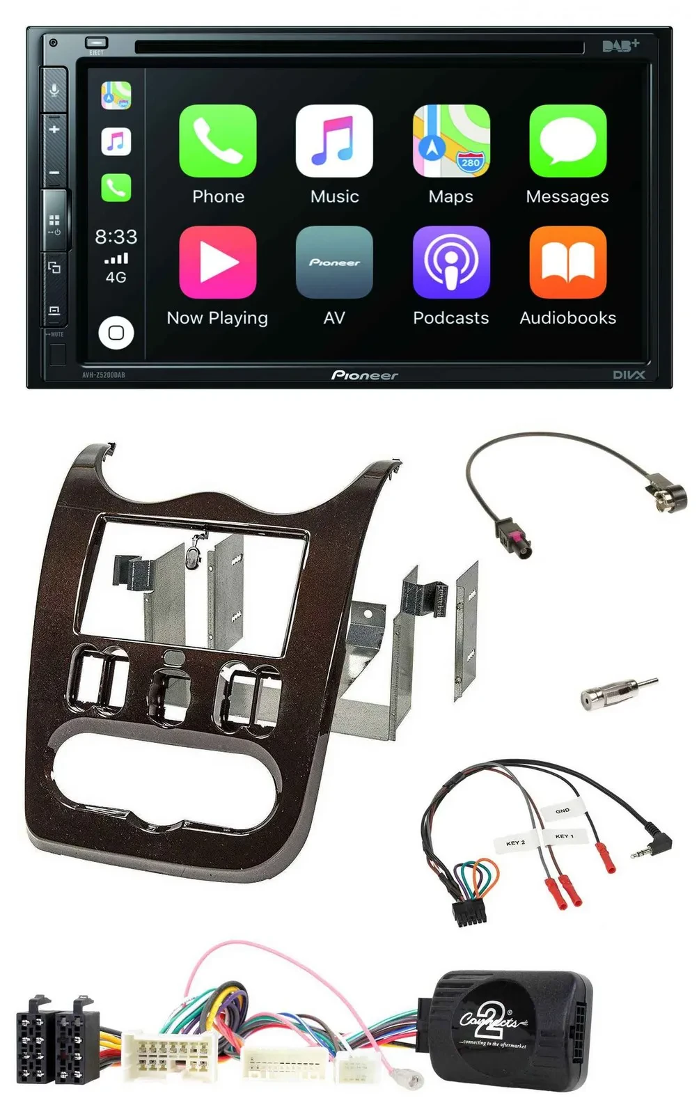 Автомагнитола Pioneer 2DIN, DVD, DAB, Bluetooth, USB, для Dacia (с 2012), тёмно-коричневый, поддержка управления с руля