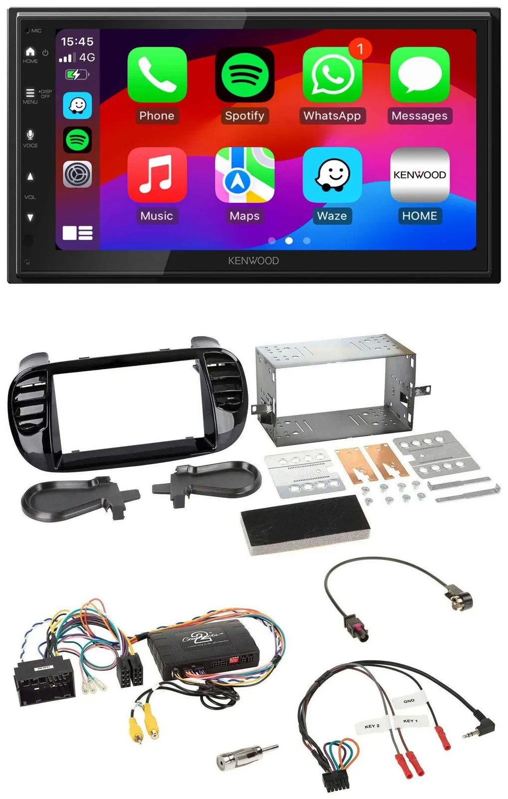 Kenwood Lenkrad USB DAB 2DIN Bluetooth Autoradio für Fiat 500 2014-2015 schwarz
