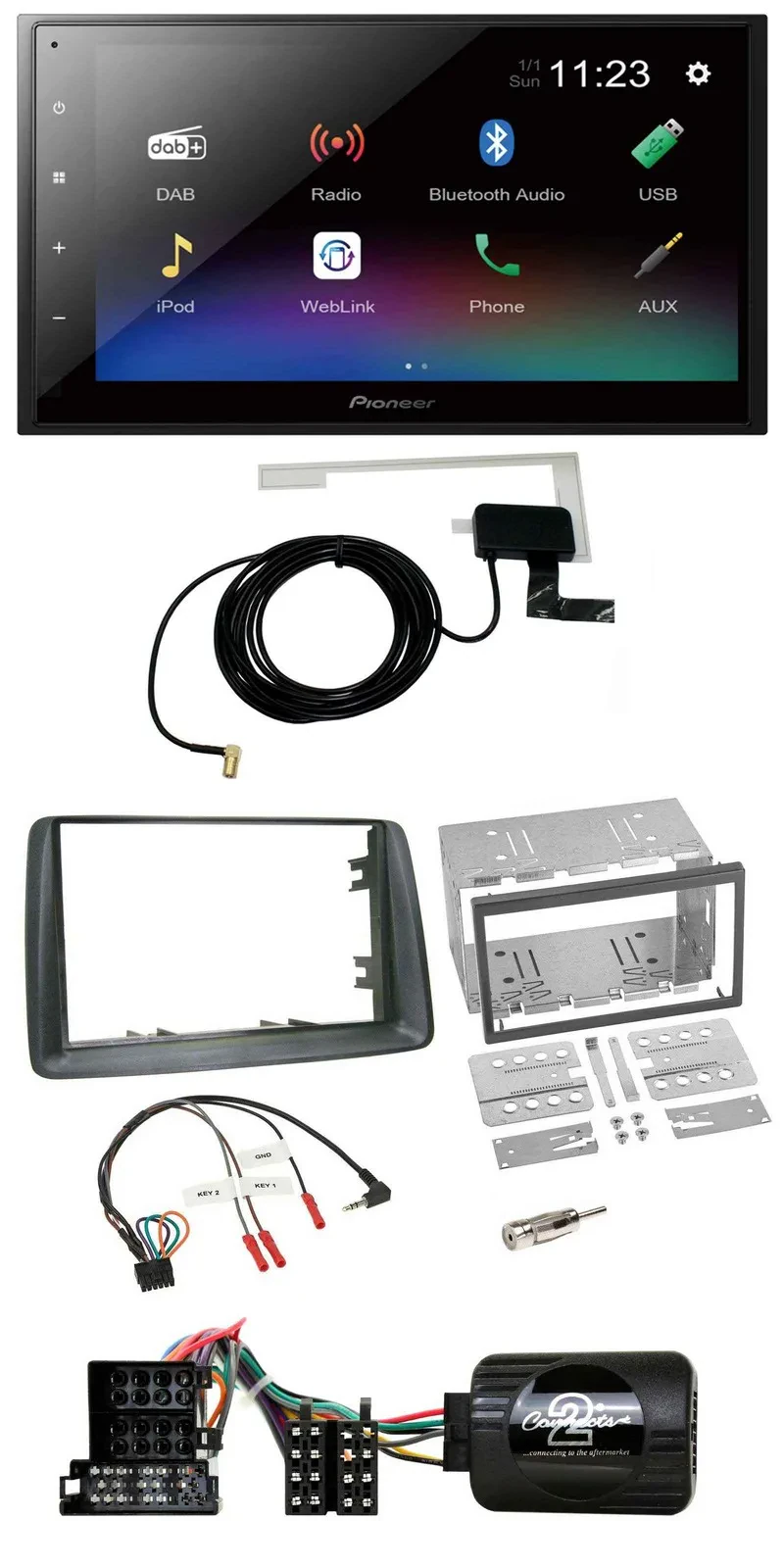 Pioneer DAB Lenkrad Bluetooth 2DIN USB Autoradio für Fiat Panda 2004-2007 grau